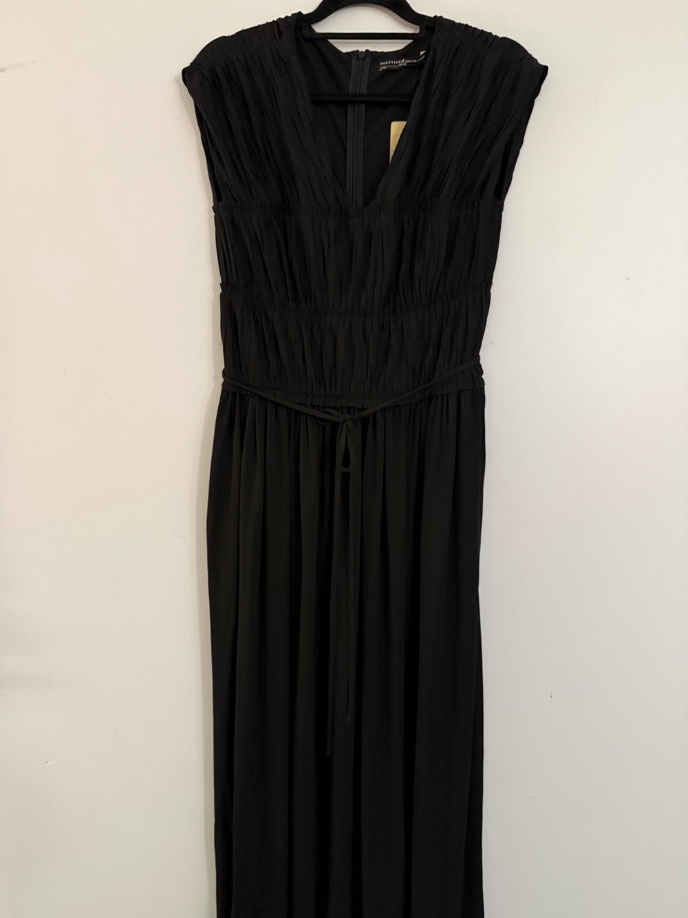 Peruvian Connection Black Pleated V-Neck Maxi Dress with Self-Tie Waist